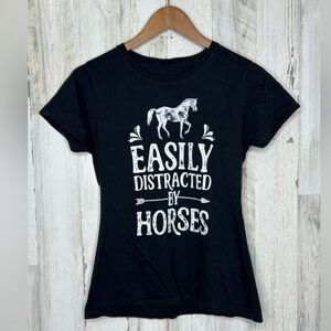 Easily Distracted By Horses Women's Graphics Tee Shirt Black White Size XS